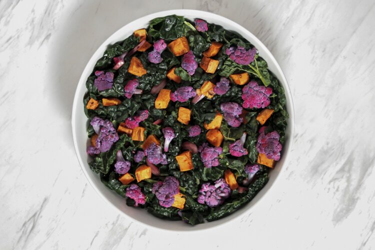 Kale Salad w/ Sweet Potatoes, English Cucumbers and Purple Cauliflower